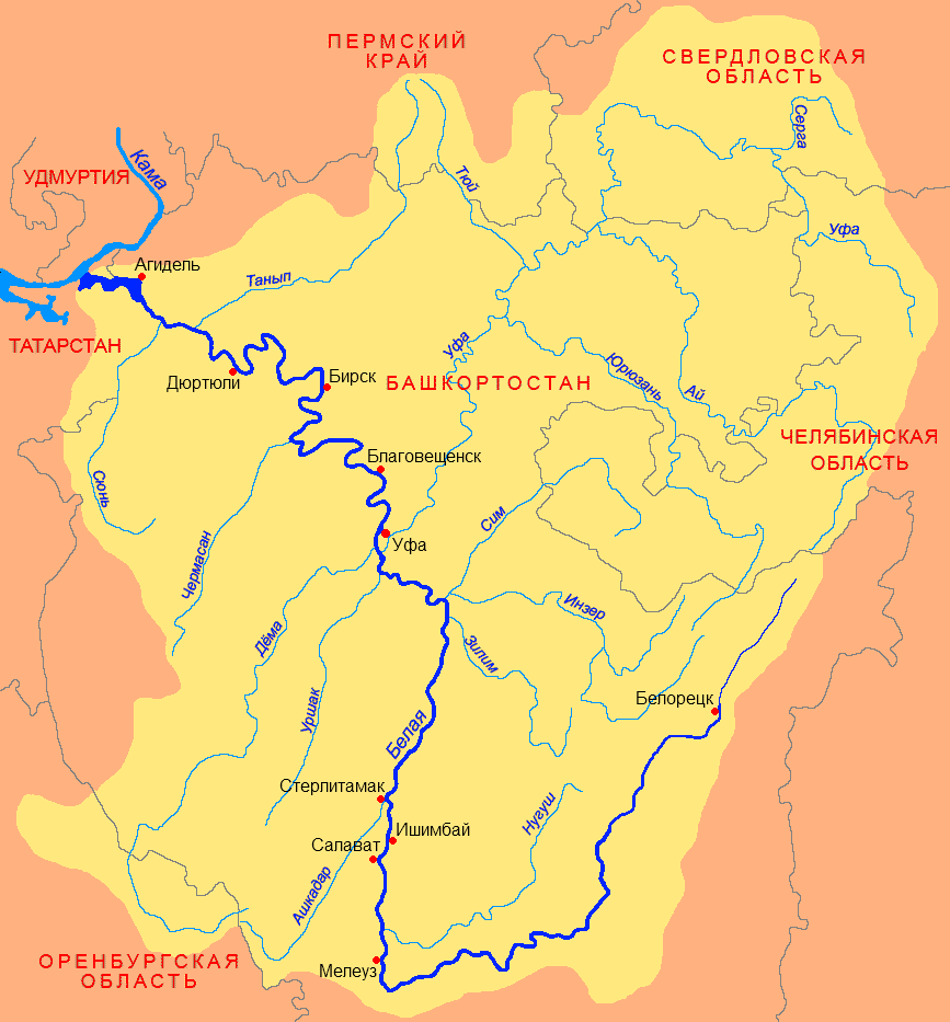 Карта реки Белая (приток реки Кама)