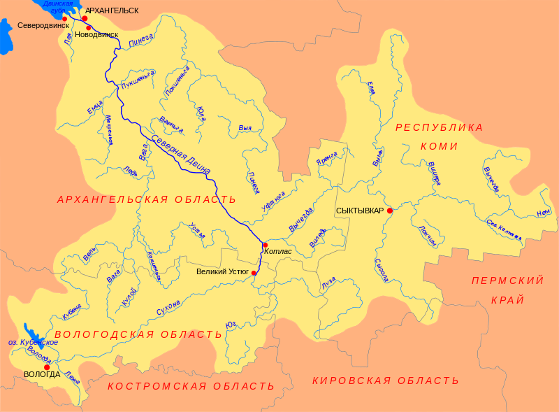 Карта реки Северная Двина